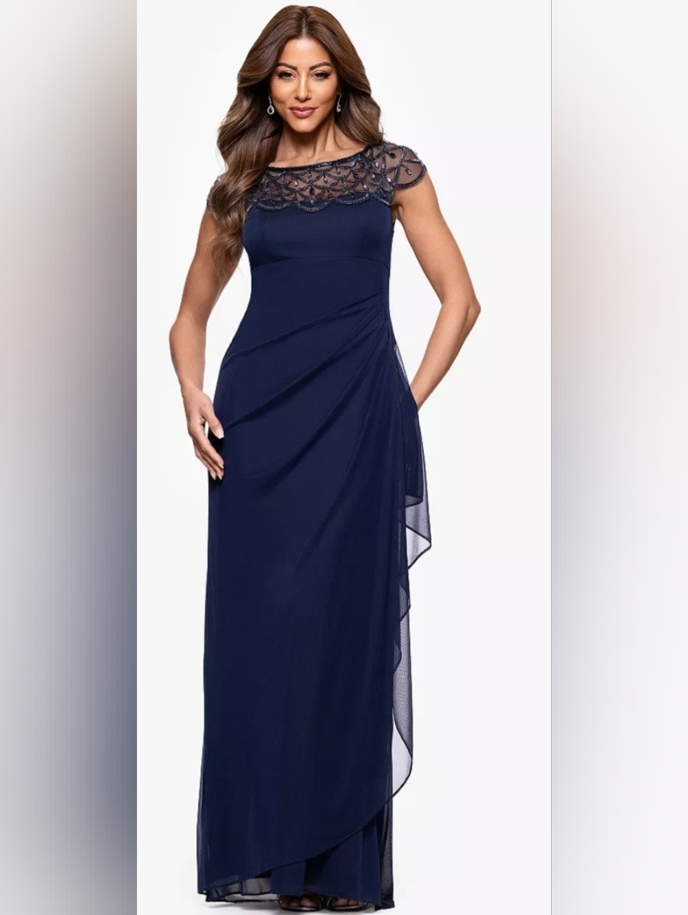 Xscape Navy Beaded Yoke Maxi Dress